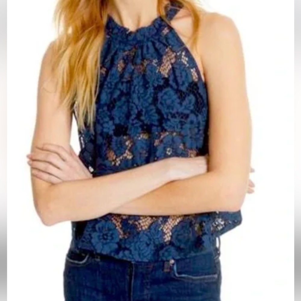 NWT free people floral print lace top, dark blue size XS